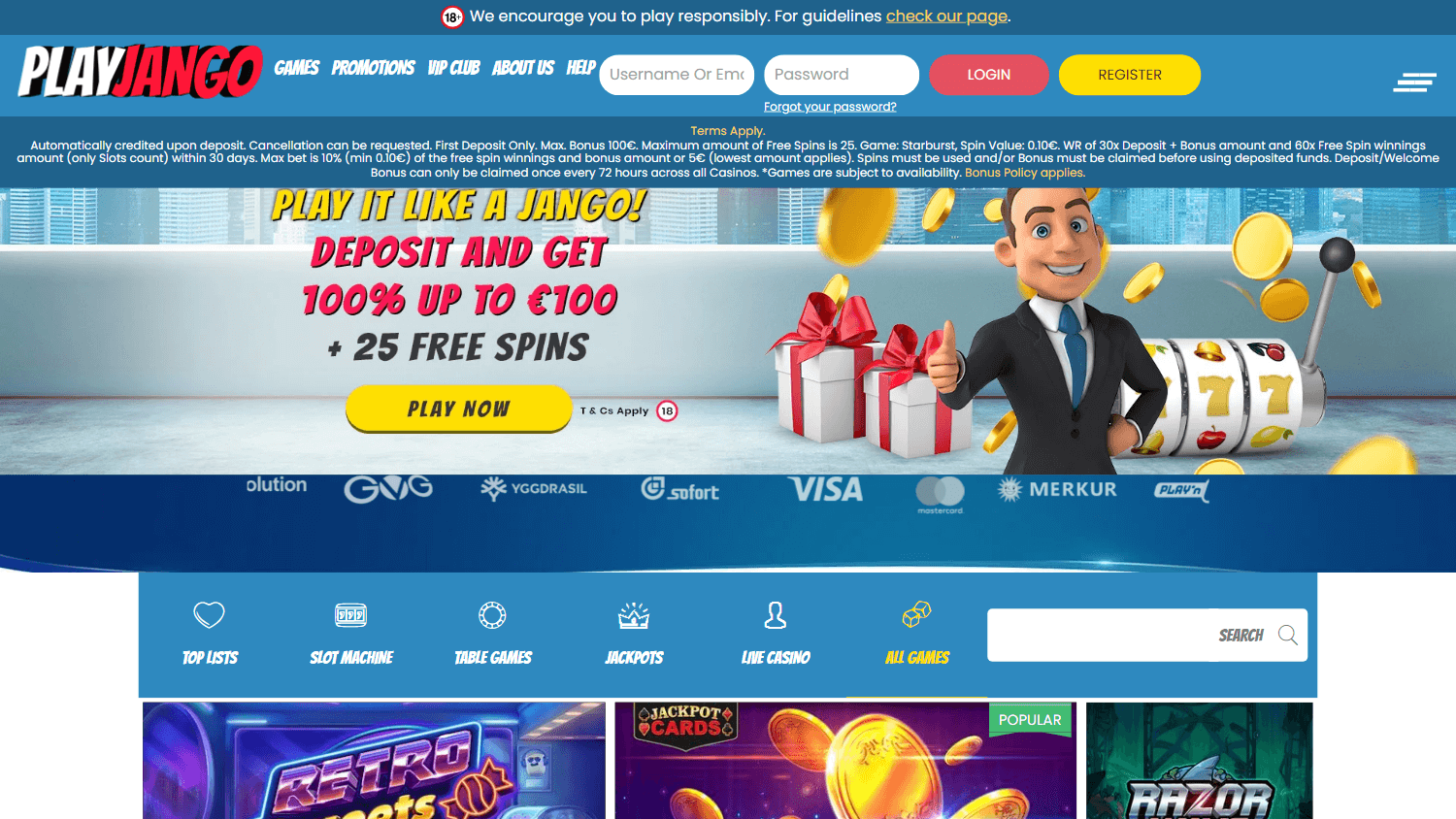 PlayJango Casino Desktop screenshot